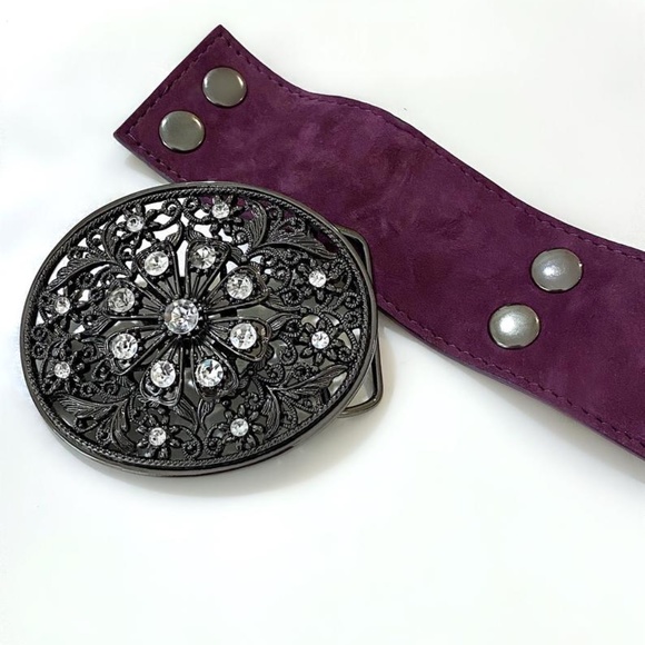 Suede Belt w Jeweled Filigree Buckle Aubergine - Picture 5 of 6